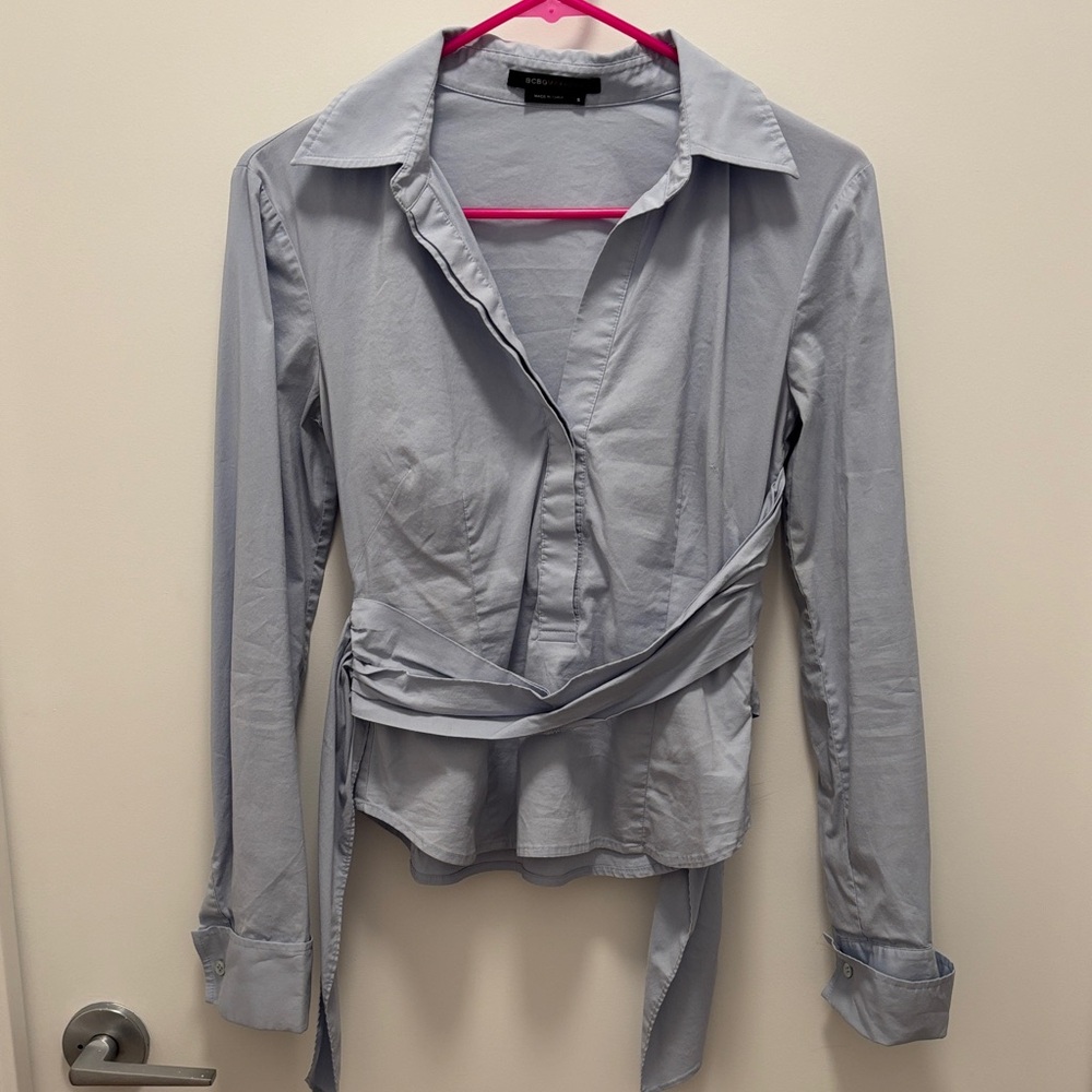 BCBG Light Blue Cotton Blend Wrap Blouse